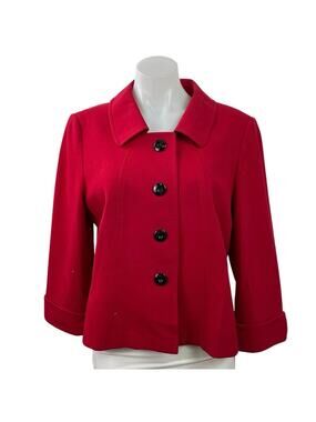 Tahari Women's Red Long Sleeve Button Down Collared Blazer Coat Jacket Size M